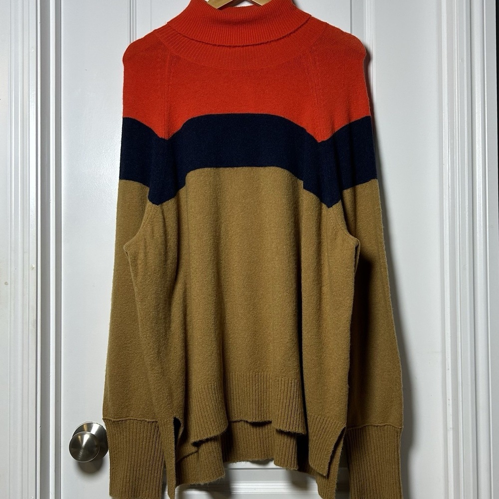 J.Crew Red, Navy and Tan Colorblock Alpaca‎ Blend Pullover Turtleneck Sweater
